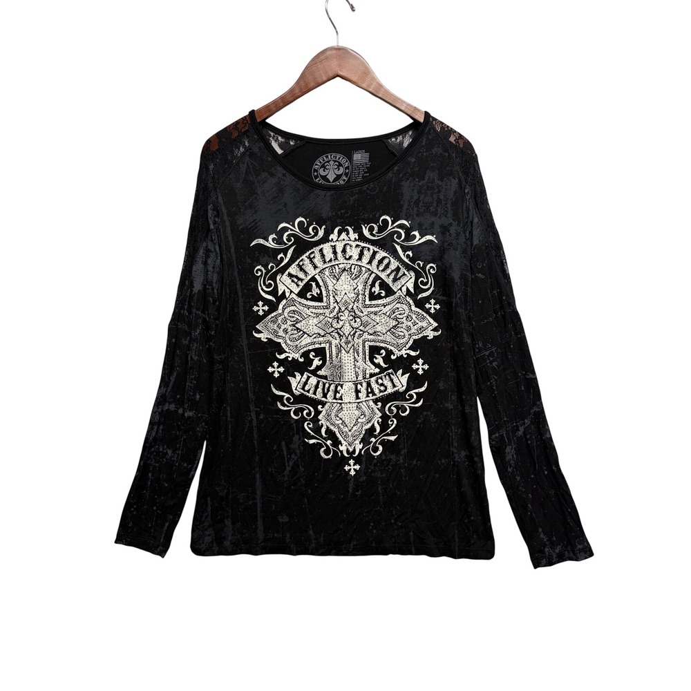 Affliction Live Fast Long Sleeve Graphic Cross Lace Top Black Large Y2K Biker